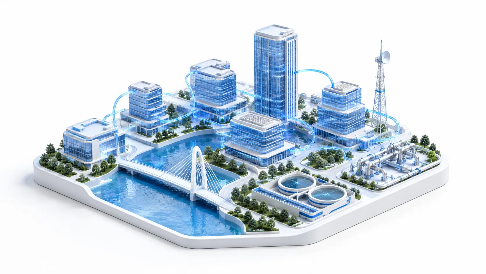本地化运维服务概念图：城市建筑与行业设施相互连接